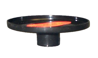 Black circular object with a red interior on a white background