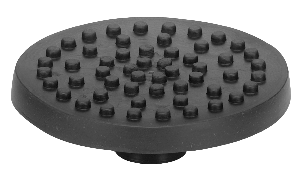 Black rubber foot with textured surface on a white background