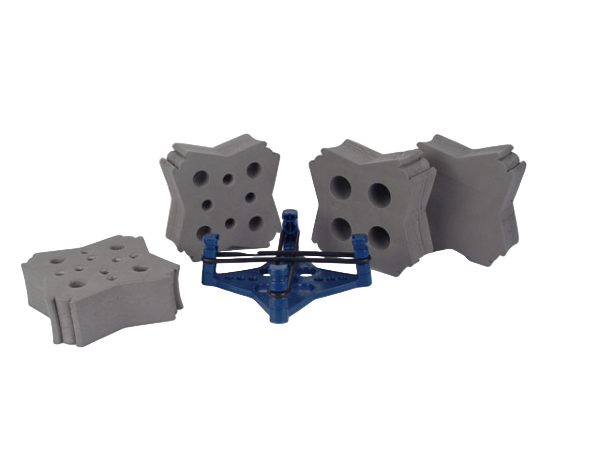 Gray modular blocks with a blue central piece on a white background