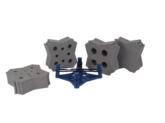 Gray modular blocks with a blue central piece on a white background