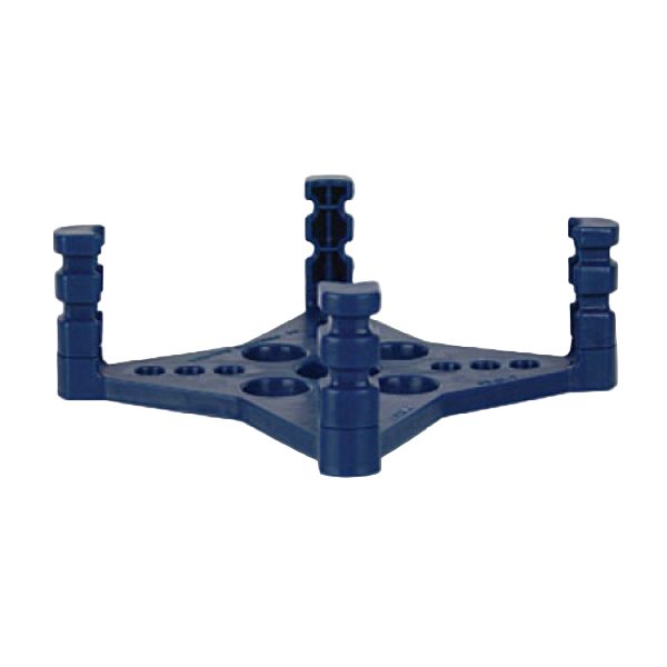 Blue metal bracket with multiple holes on a white background