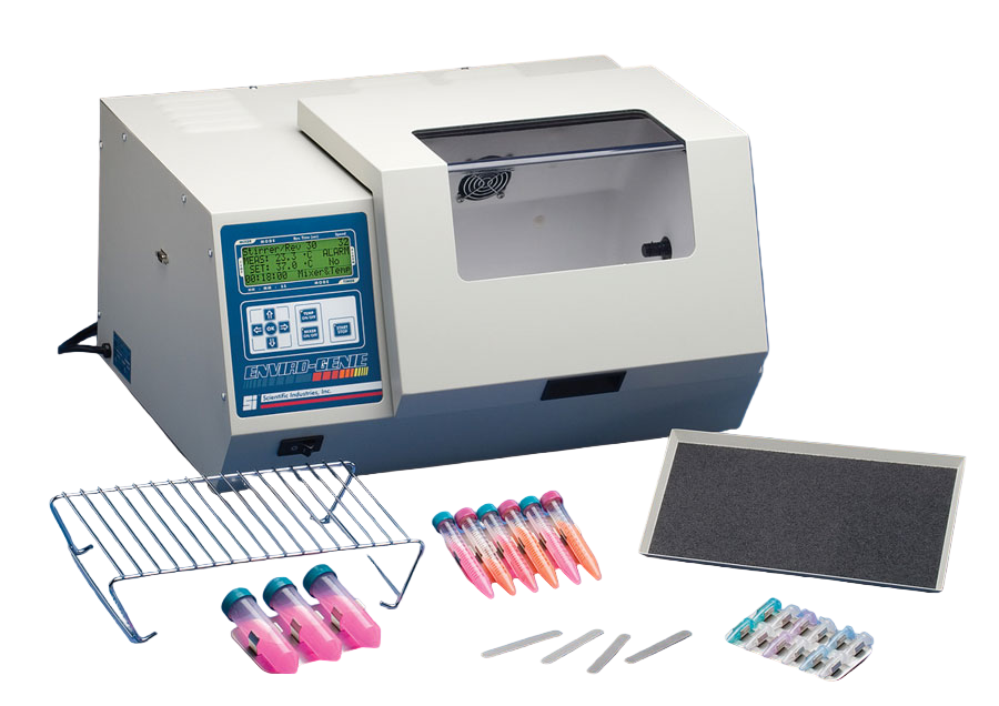 Lab equipment including a centrifuge, test tubes, and a sample tray on a blue background