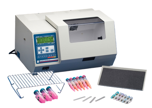 Lab equipment including a centrifuge, test tubes, and a sample tray on a blue background