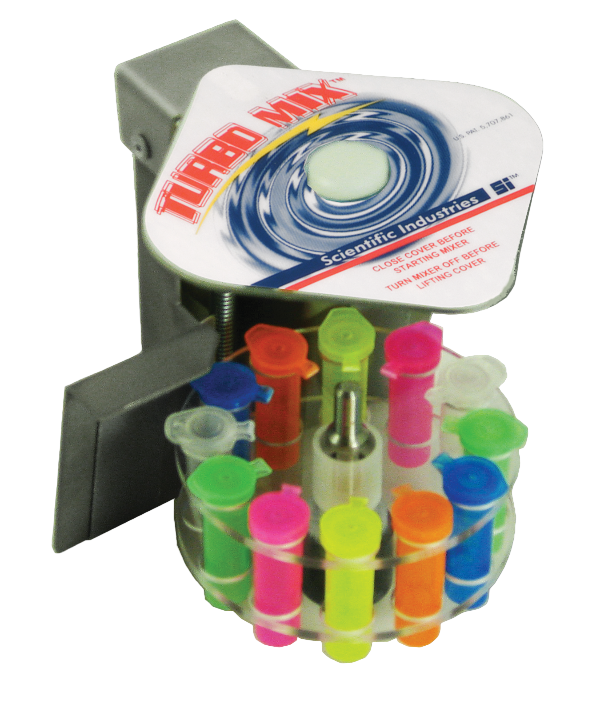 Turbo Mix device by Scientific Industries with colorful reaction tubes on a white background