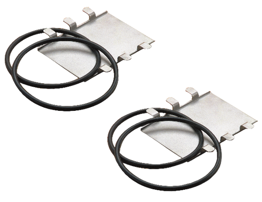 Two metallic heating elements with black wires on a white background
