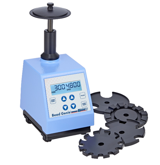 Blue laboratory device with digital display and black components on a white background