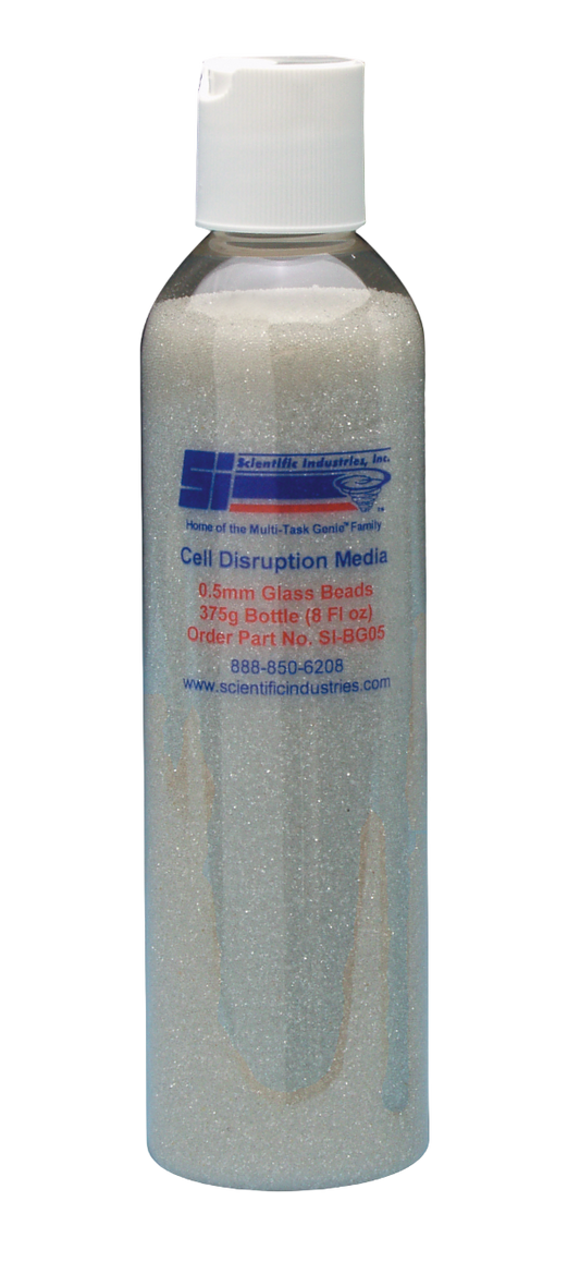 Bottle of cell disruption media with a white cap on a white background