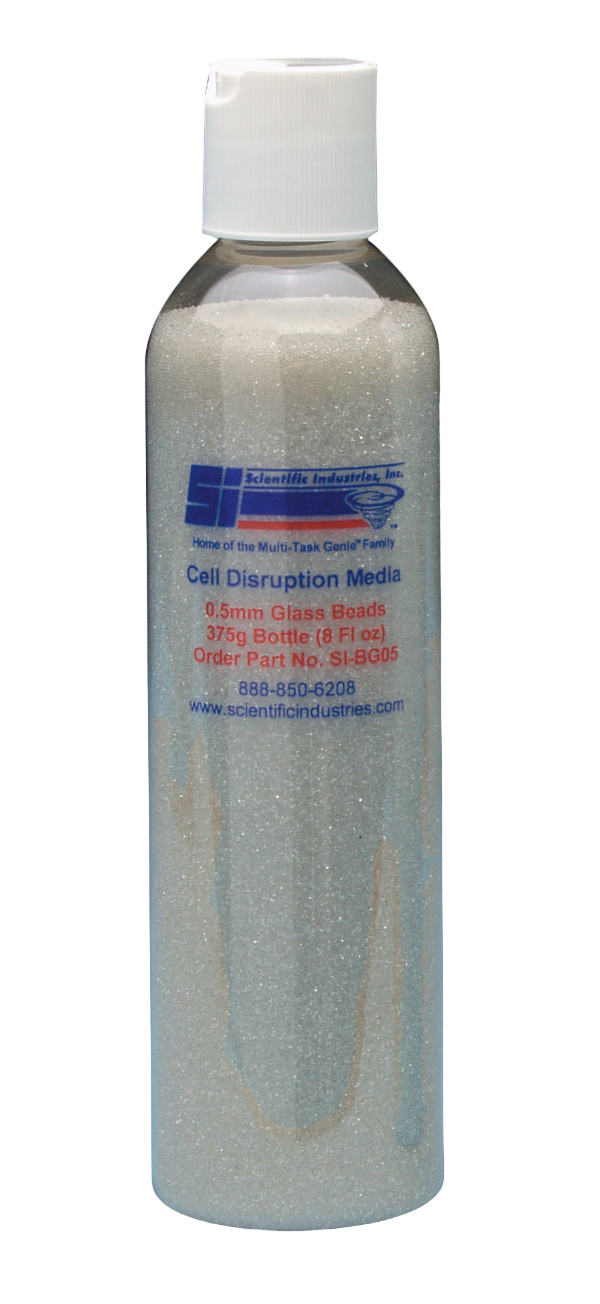 Bottle of cell disruption media with a white cap on a white background