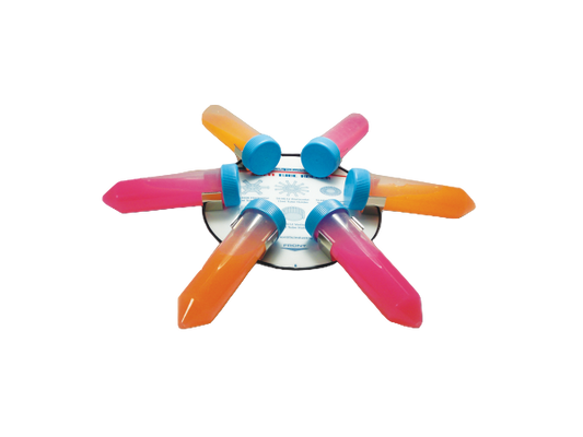 Colorful fan with pink, orange, and blue blades on a white background