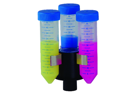 Three graduated cylinders with blue, green, and pink liquids on a white background