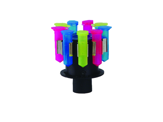 Colorful cylindrical holder with multiple compartments on a white background
