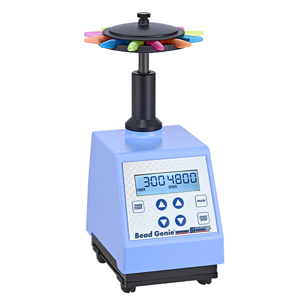 BeadGenie device with colorful beakers on a white background