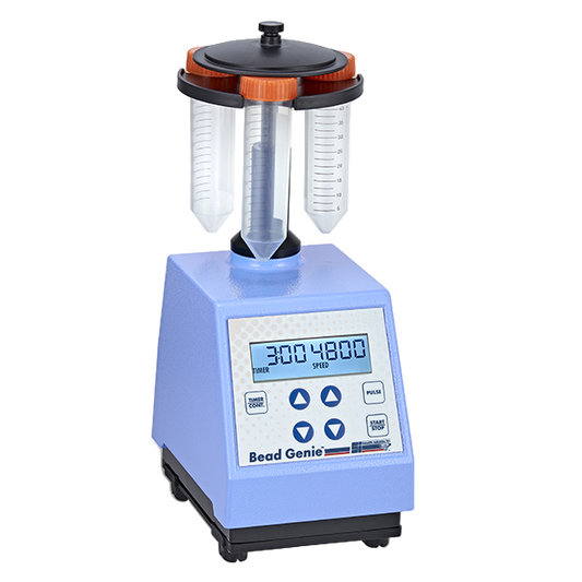 Bead Genie lab blender with digital display on a white background