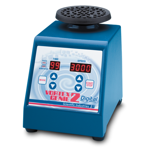 Blue laboratory mixer with digital display on a white background