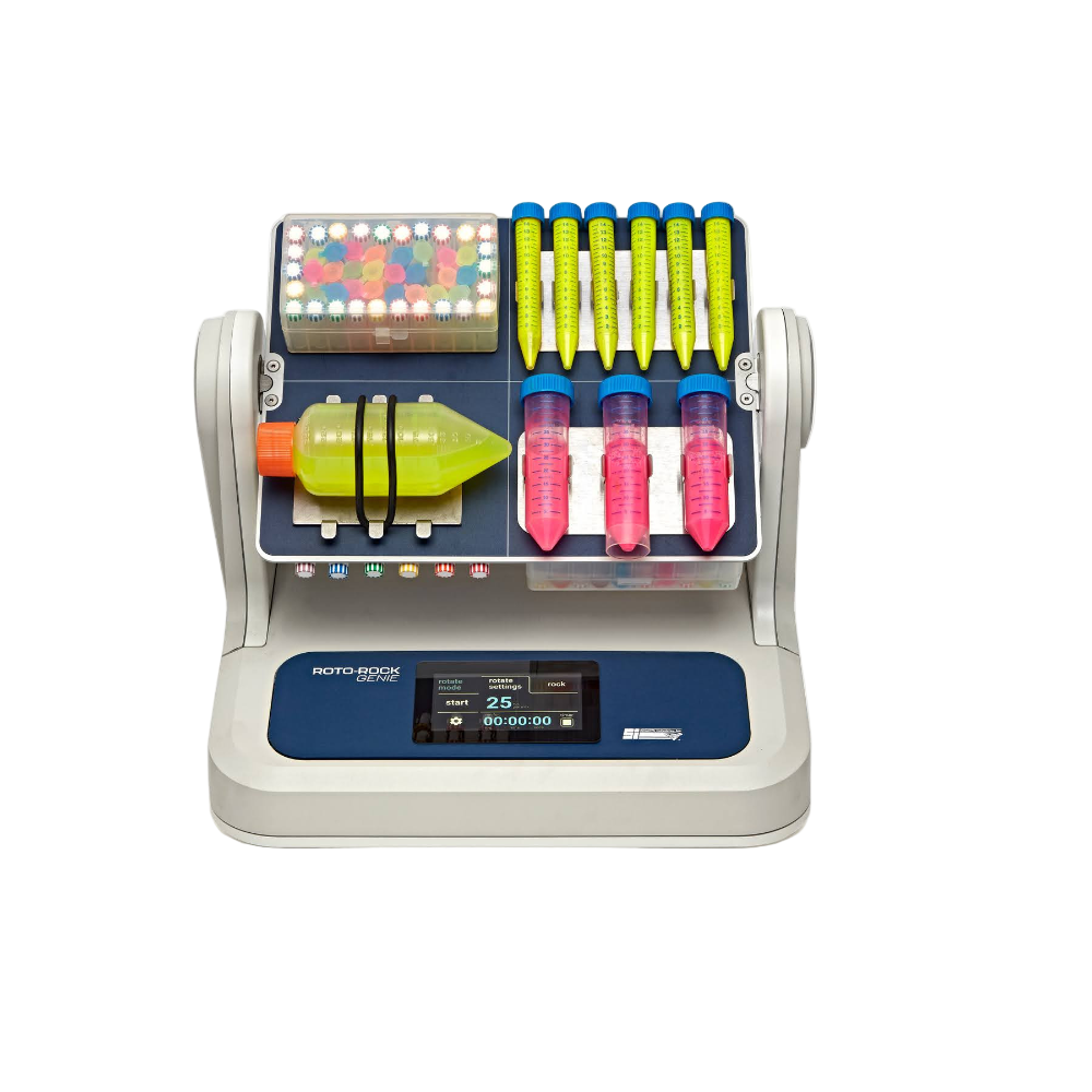 Colorful lab equipment with various components on a white background