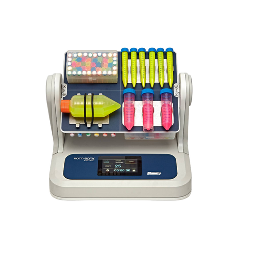 Colorful lab equipment with various components on a white background