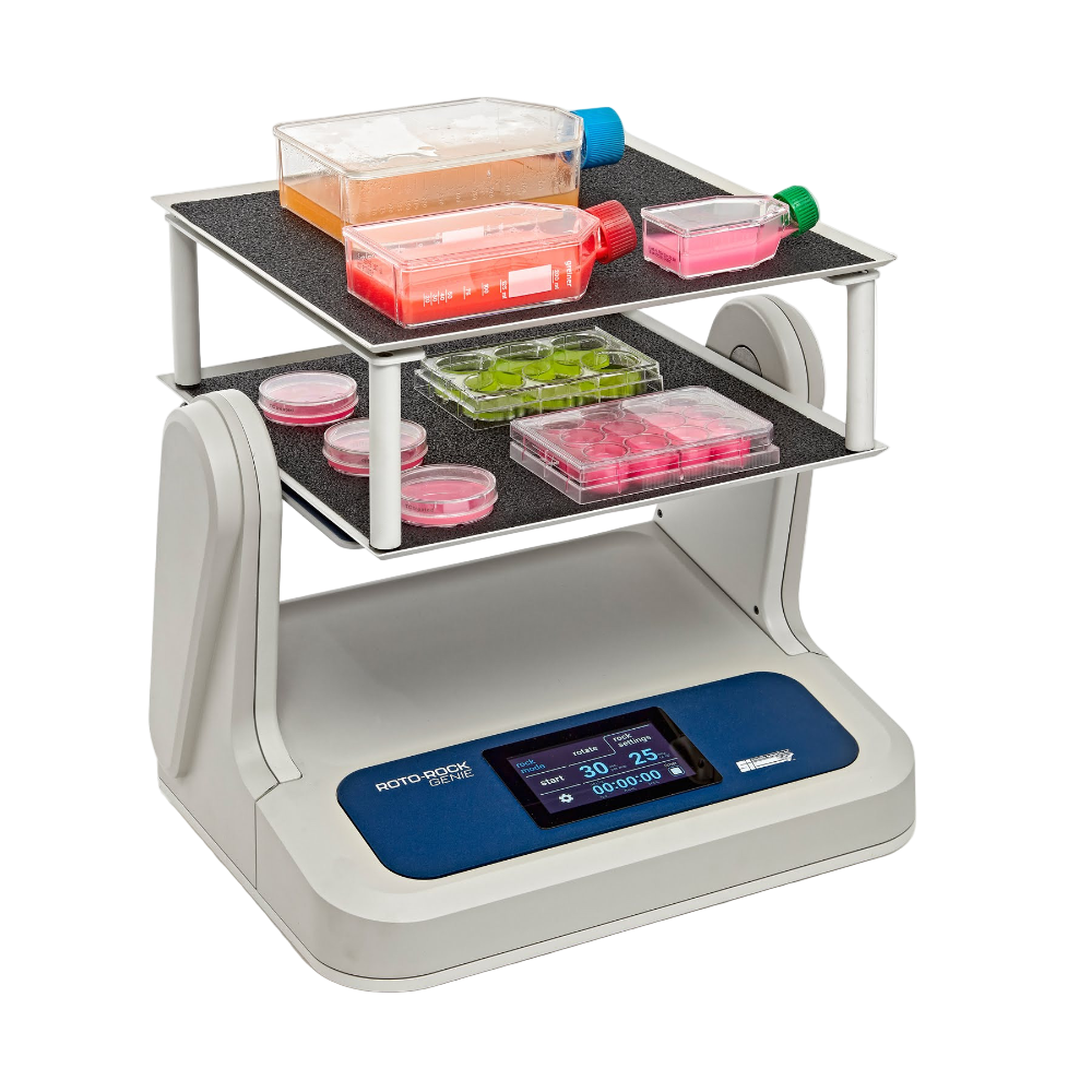 Laboratory incubator with digital display and shelves holding containers on a white background