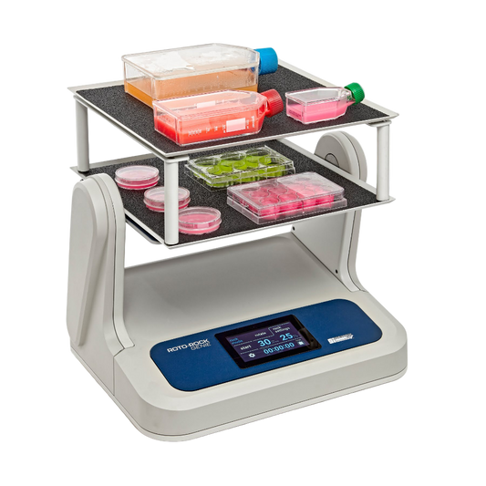 Laboratory incubator with digital display and shelves holding containers on a white background