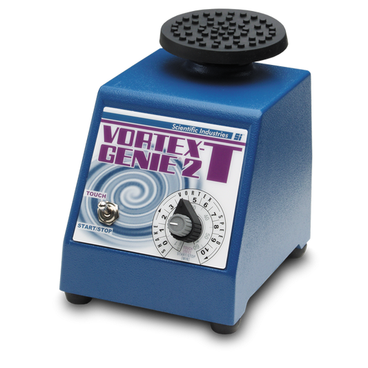 Blue laboratory device labeled 'Vortex Genie 2' on a white background