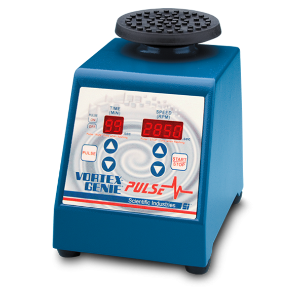 Blue scientific vortex mixer with digital display on a white background